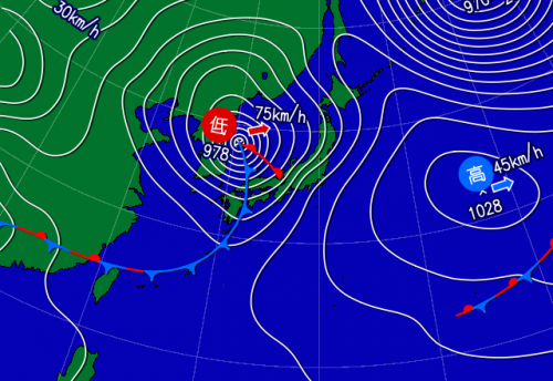 (上) けさ6時の天気図