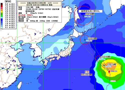 １３日１２時の予想波高分布と３時の台風予測