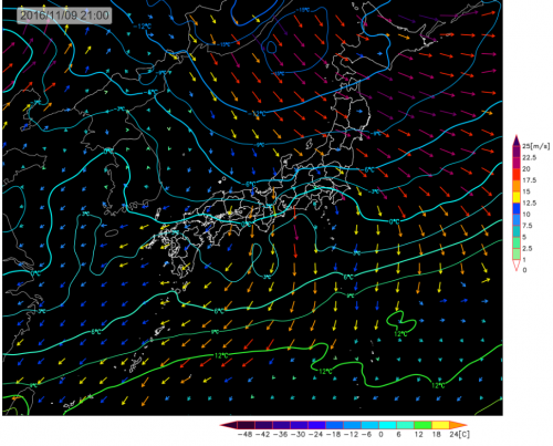 今夜21時の風の予想と上空1500m寒気